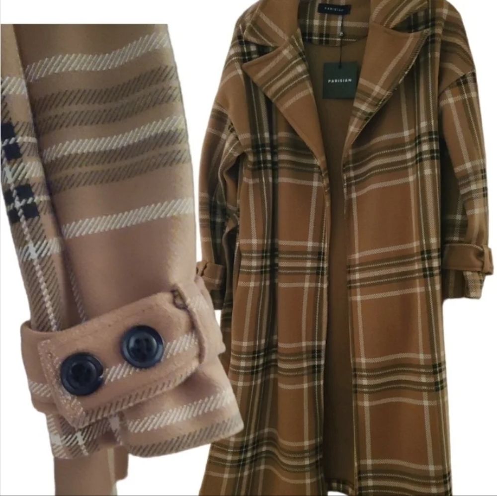 Parisian, belted plaid sweater coat.
